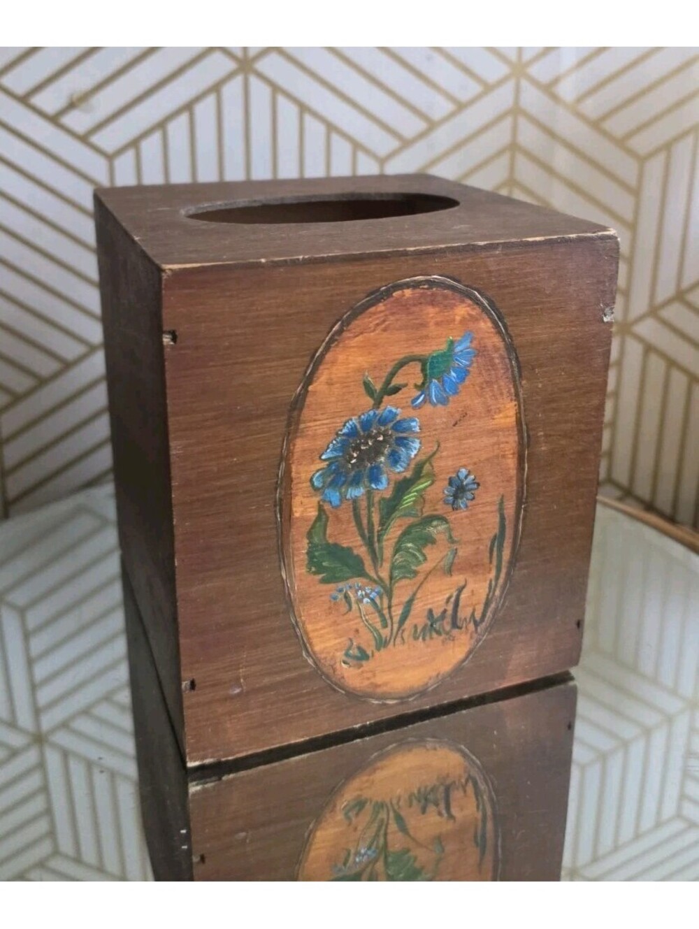 Vintage Wooden Tissue Box Cover Handpainted Cottagecore Blue Floral
